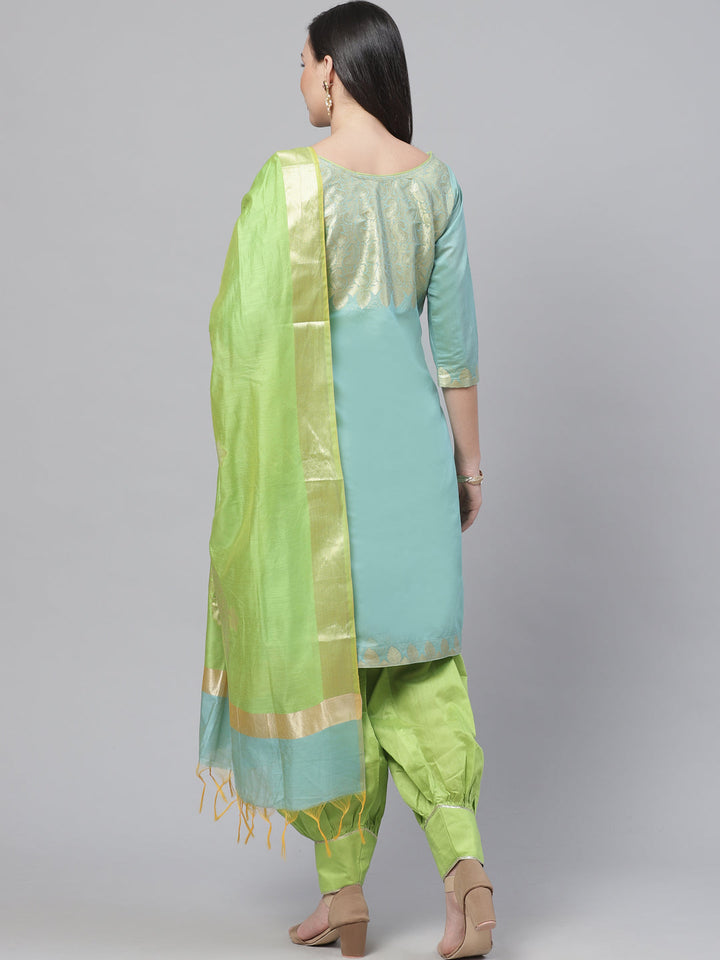Handloom Chanderi Stitched Suit with Zari Pasleys, Contrast Woven Dupatta & Tassels