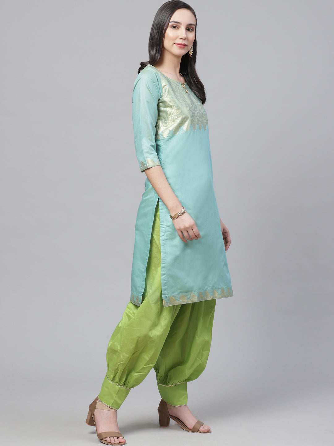 Handloom Chanderi Stitched Suit with Zari Pasleys, Contrast Woven Dupatta & Tassels