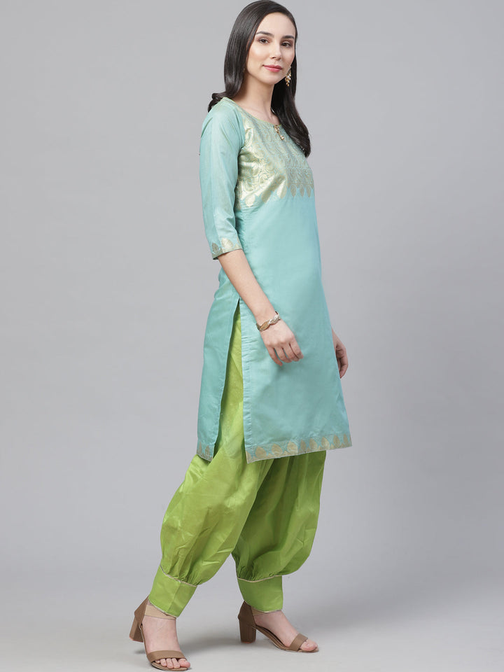 Handloom Chanderi Stitched Suit with Zari Pasleys, Contrast Woven Dupatta & Tassels
