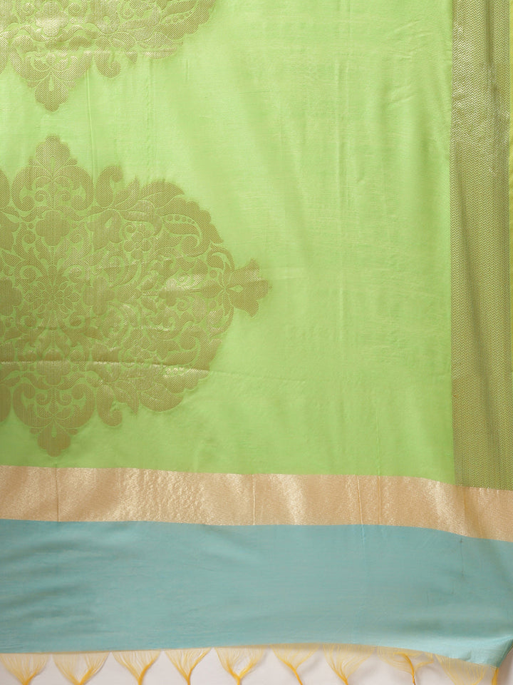 Handloom Chanderi Stitched Suit with Zari Pasleys, Contrast Woven Dupatta & Tassels