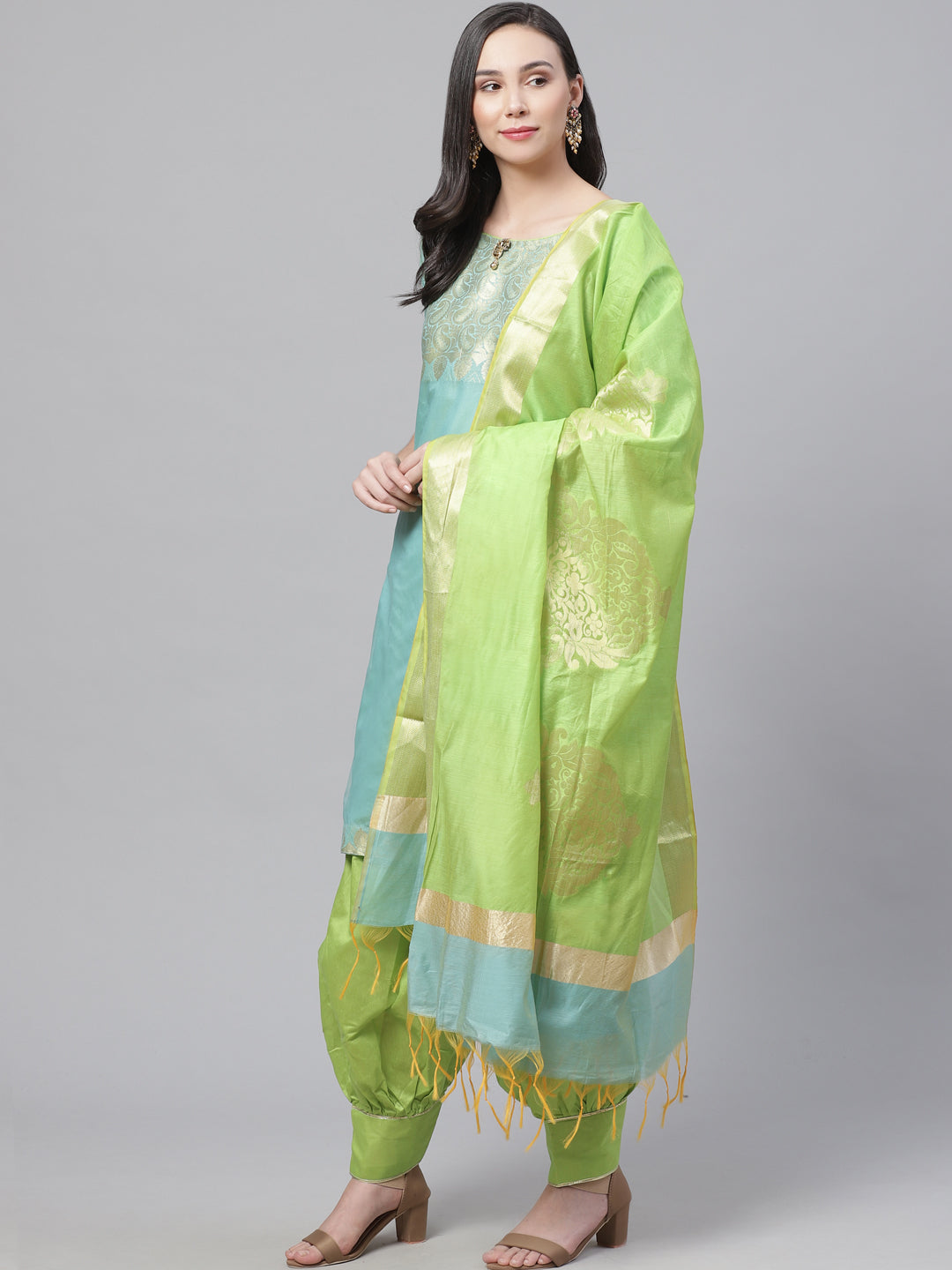 Handloom Chanderi Stitched Suit with Zari Pasleys, Contrast Woven Dupatta & Tassels