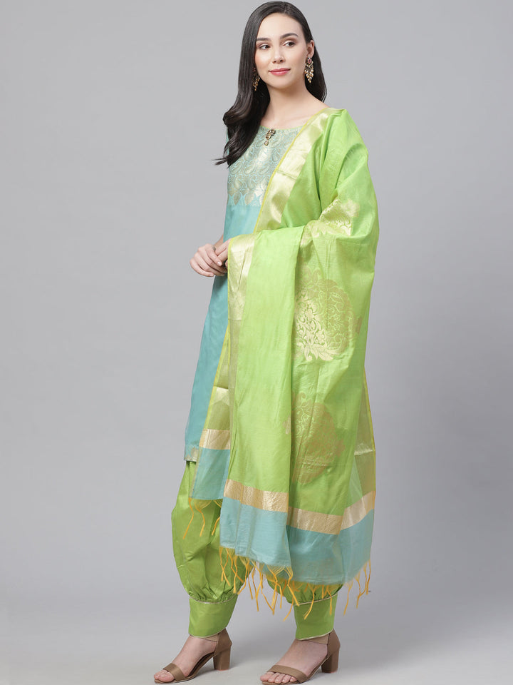 Handloom Chanderi Stitched Suit with Zari Pasleys, Contrast Woven Dupatta & Tassels