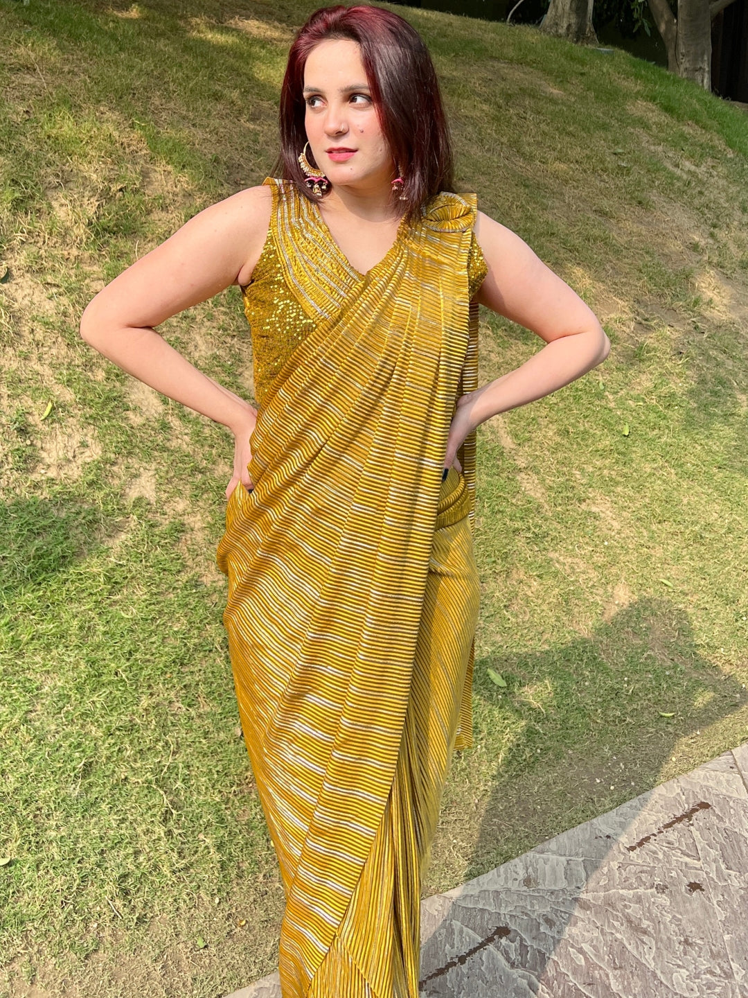Mustard Pre Draped Pleated Metallic Saree
