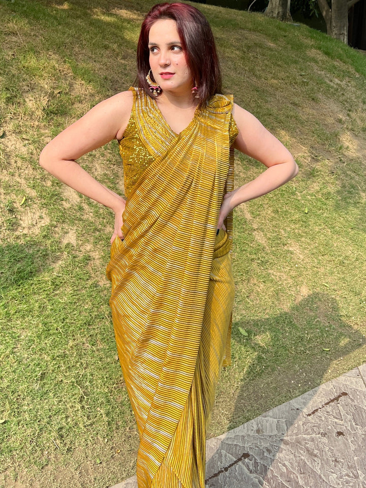 Mustard Pre Draped Pleated Metallic Saree