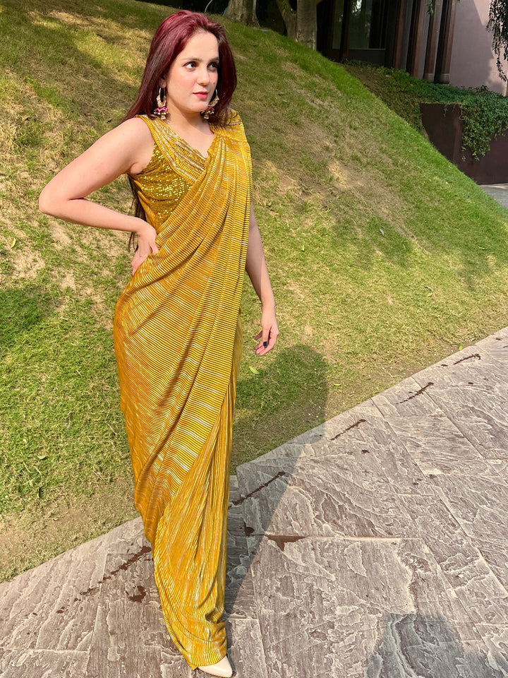 Mustard Pre Draped Pleated Metallic Saree