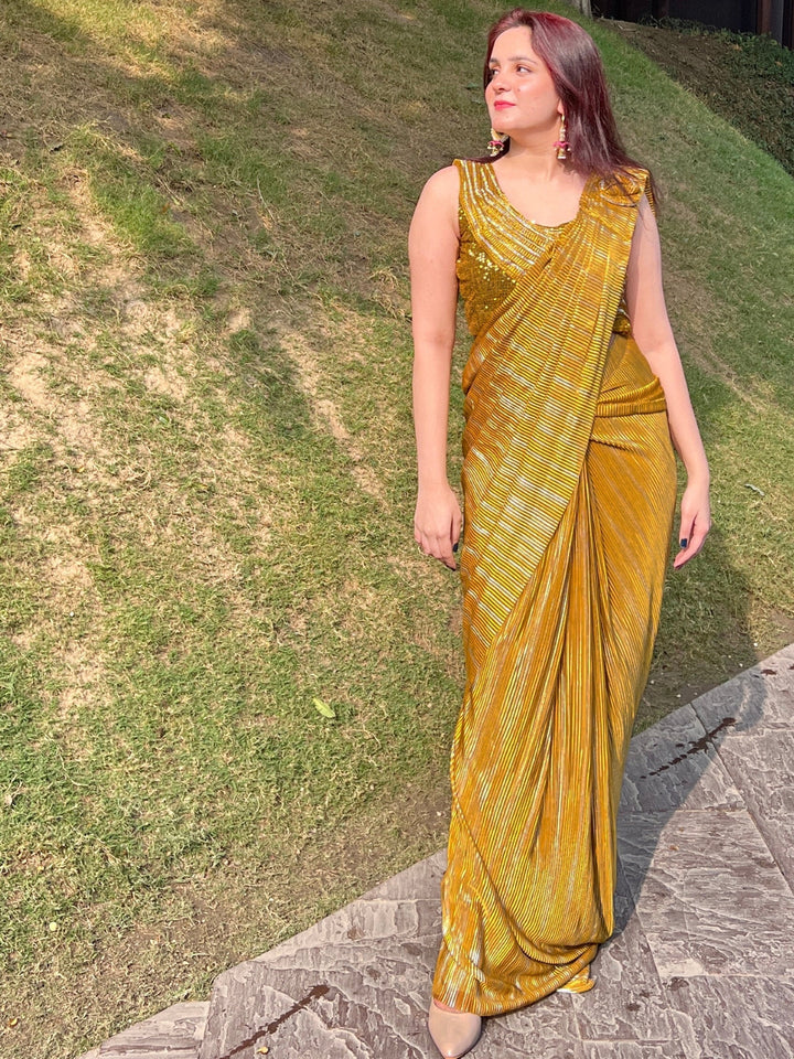 Mustard Pre Draped Pleated Metallic Saree