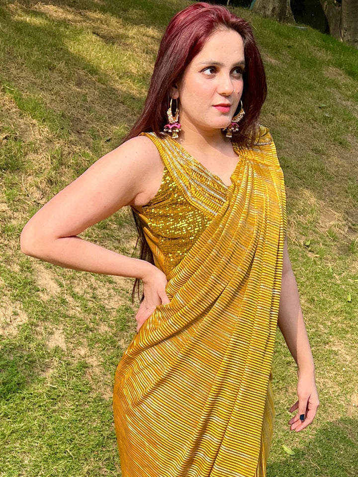 Mustard Pre Draped Pleated Metallic Saree
