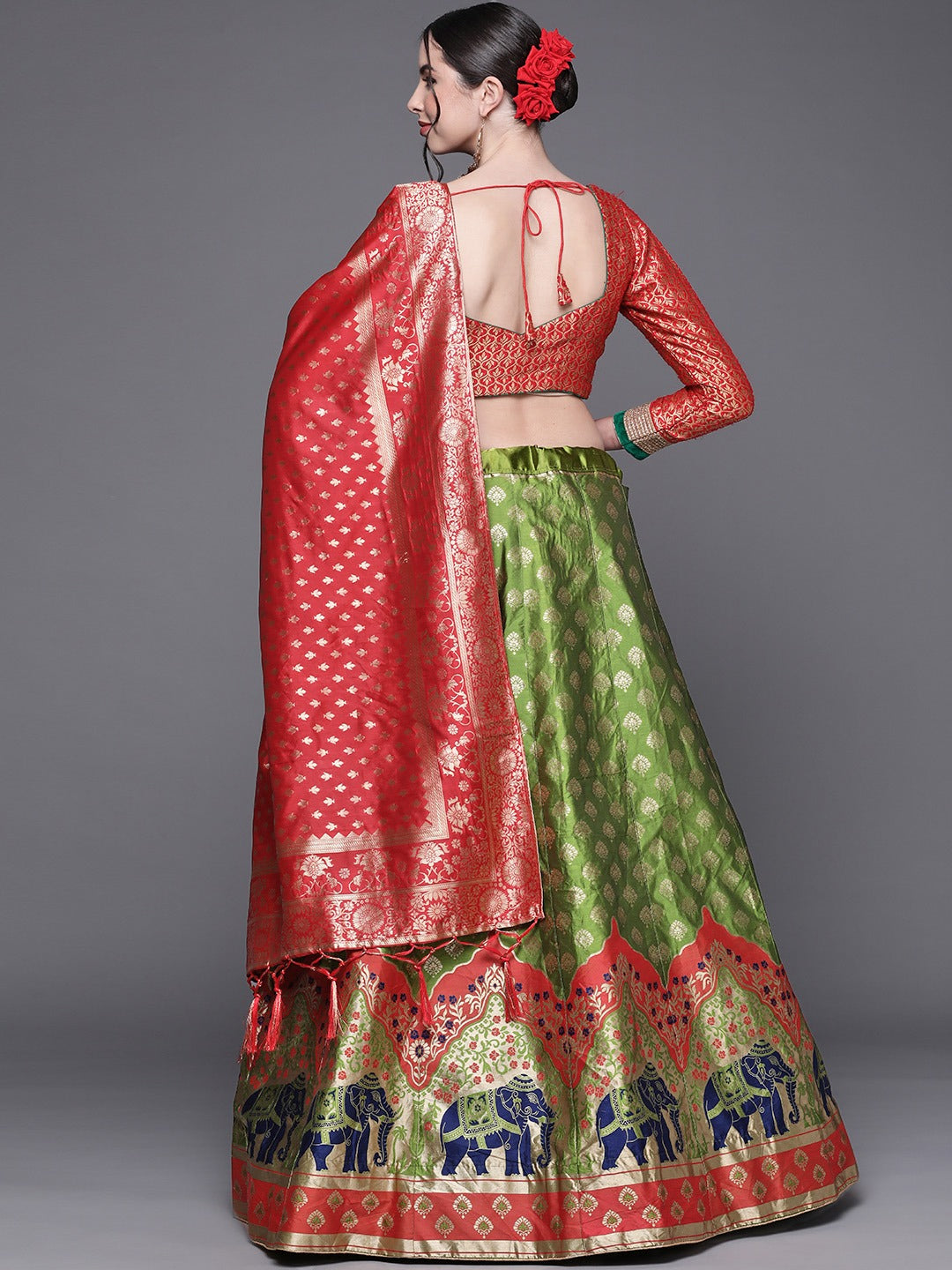 Green Semi Stitched Banarasi Silk Lehenga with Resham Weaving