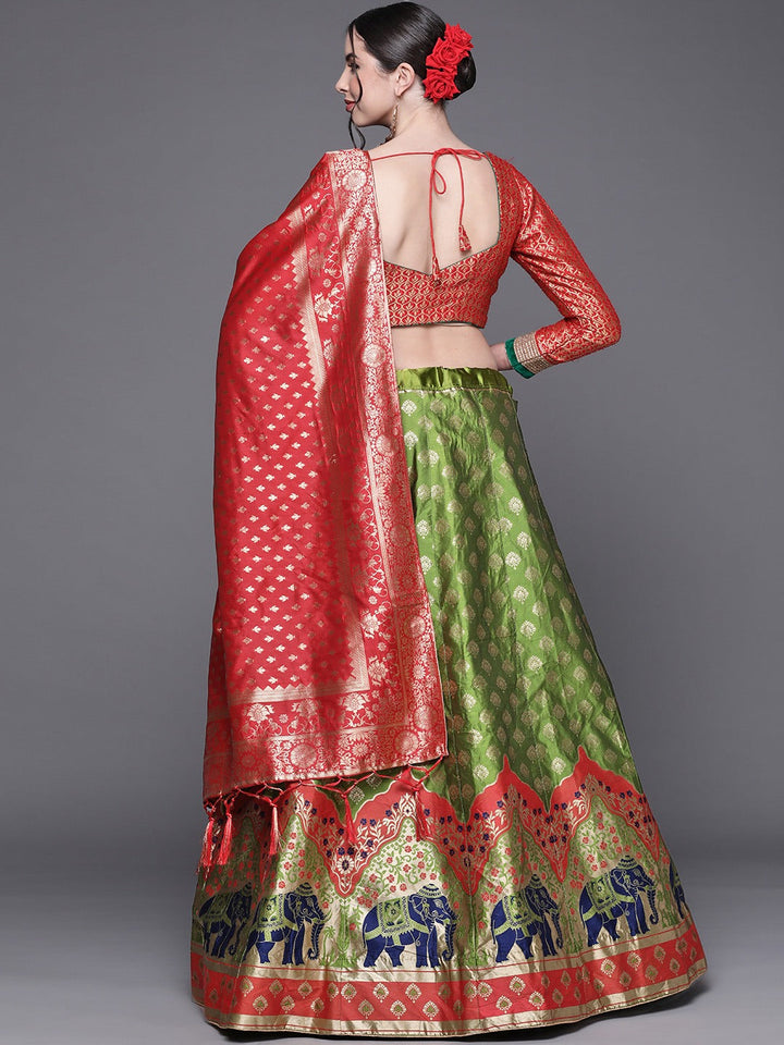 Green Semi Stitched Banarasi Silk Lehenga with Resham Weaving