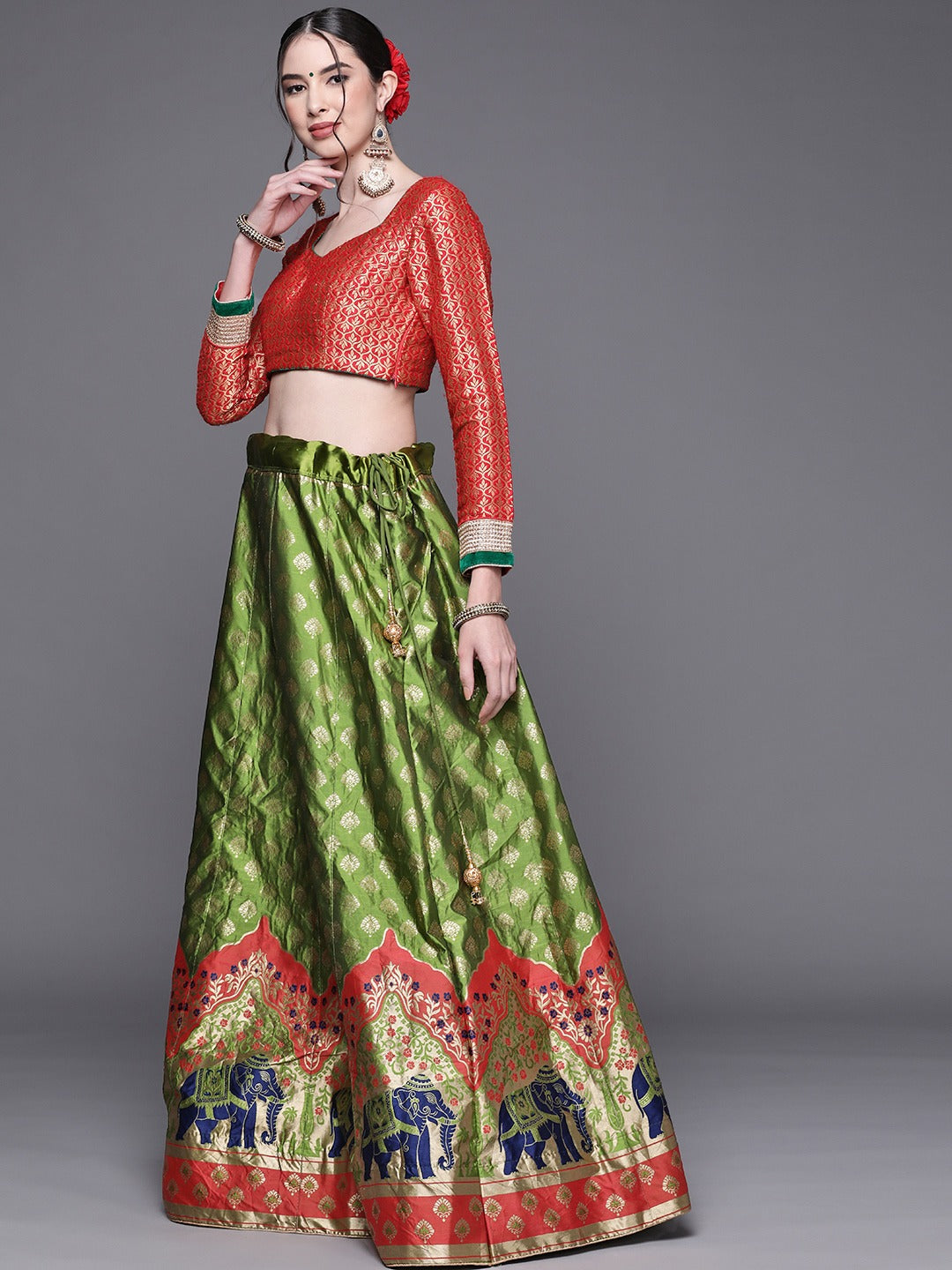 Green Semi Stitched Banarasi Silk Lehenga with Resham Weaving