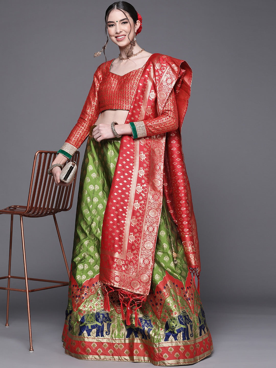 Green Semi Stitched Banarasi Silk Lehenga with Resham Weaving