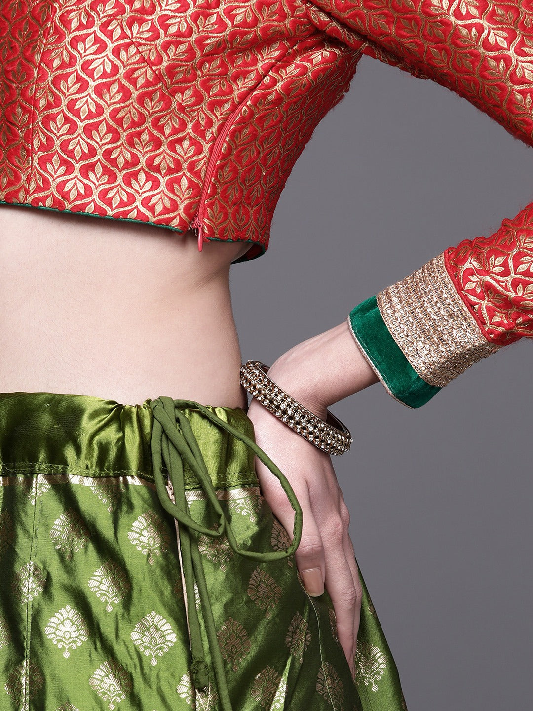 Green Semi Stitched Banarasi Silk Lehenga with Resham Weaving