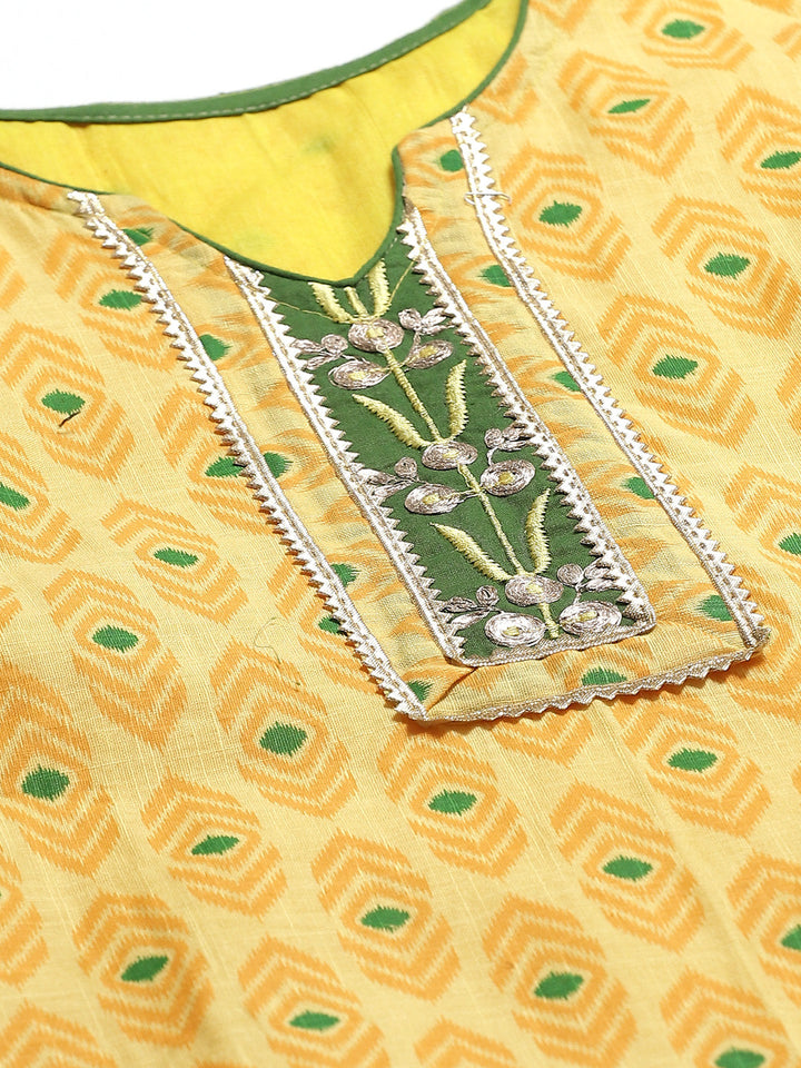 Cotton Ikat Inspired Kurta Set with Zari embroidered neckline and Bandhej Dupatta