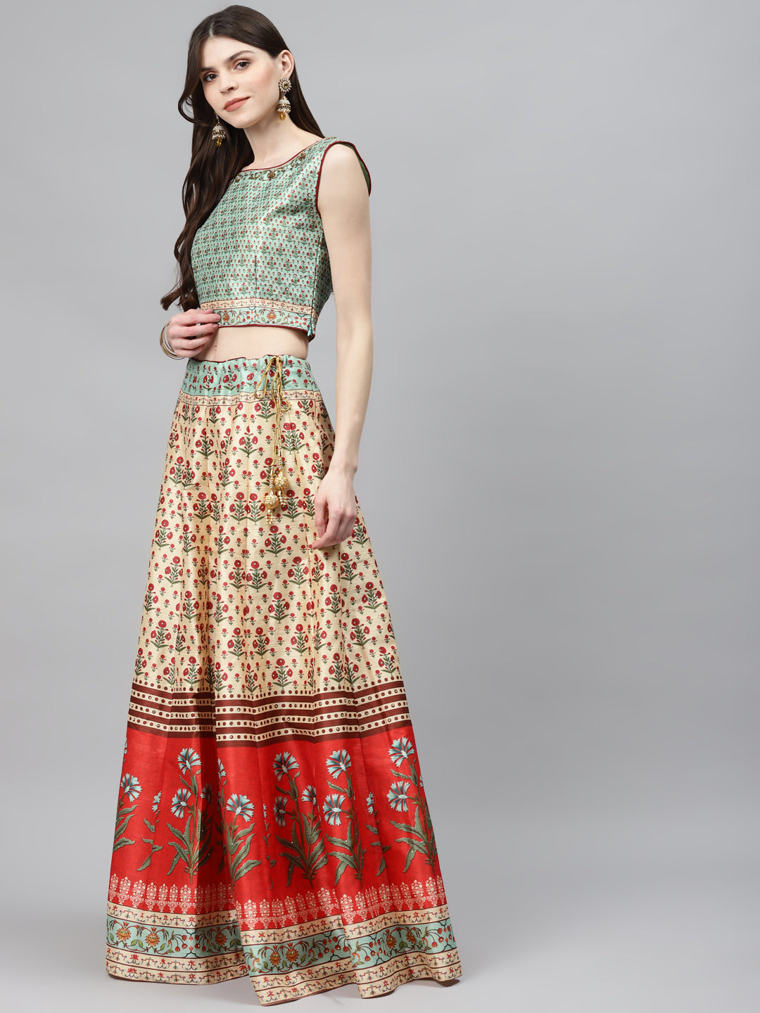 Embellished Crop Top Lehenga Set with Digital Mughal inspired Floral Prints