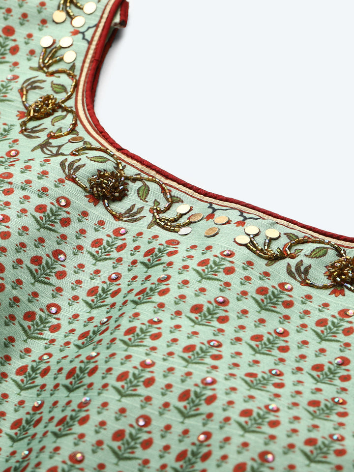 Embellished Crop Top Lehenga Set with Digital Mughal inspired Floral Prints