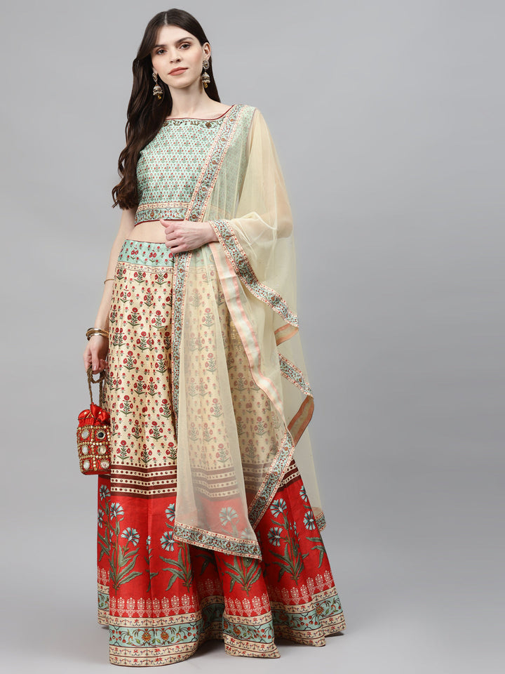 Embellished Crop Top Lehenga Set with Digital Mughal inspired Floral Prints