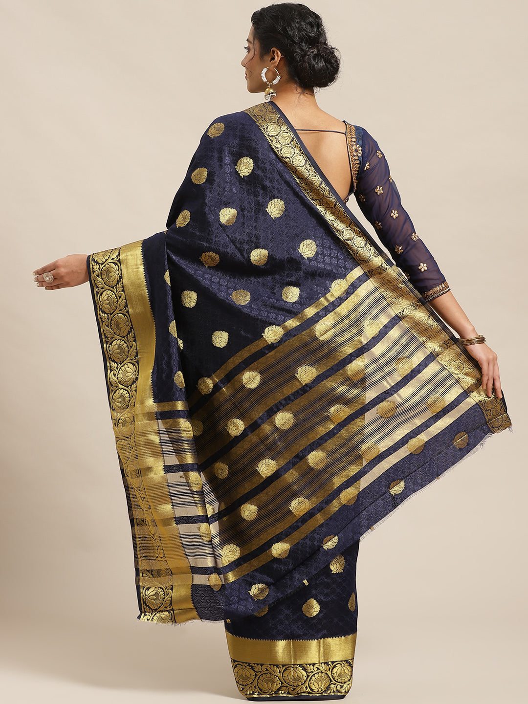 Navy Blue Kanjiwaram Satin Silk Saree with embossed saree and Zari floral motifs