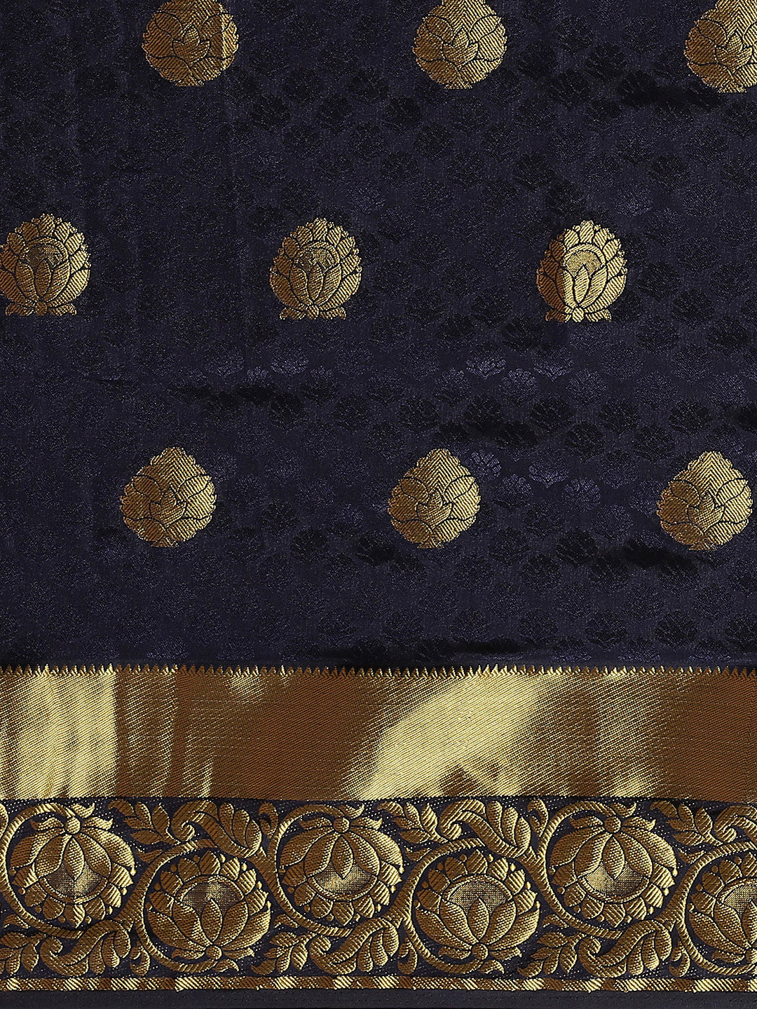 Navy Blue Kanjiwaram Satin Silk Saree with embossed saree and Zari floral motifs