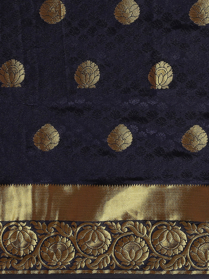 Navy Blue Kanjiwaram Satin Silk Saree with embossed saree and Zari floral motifs