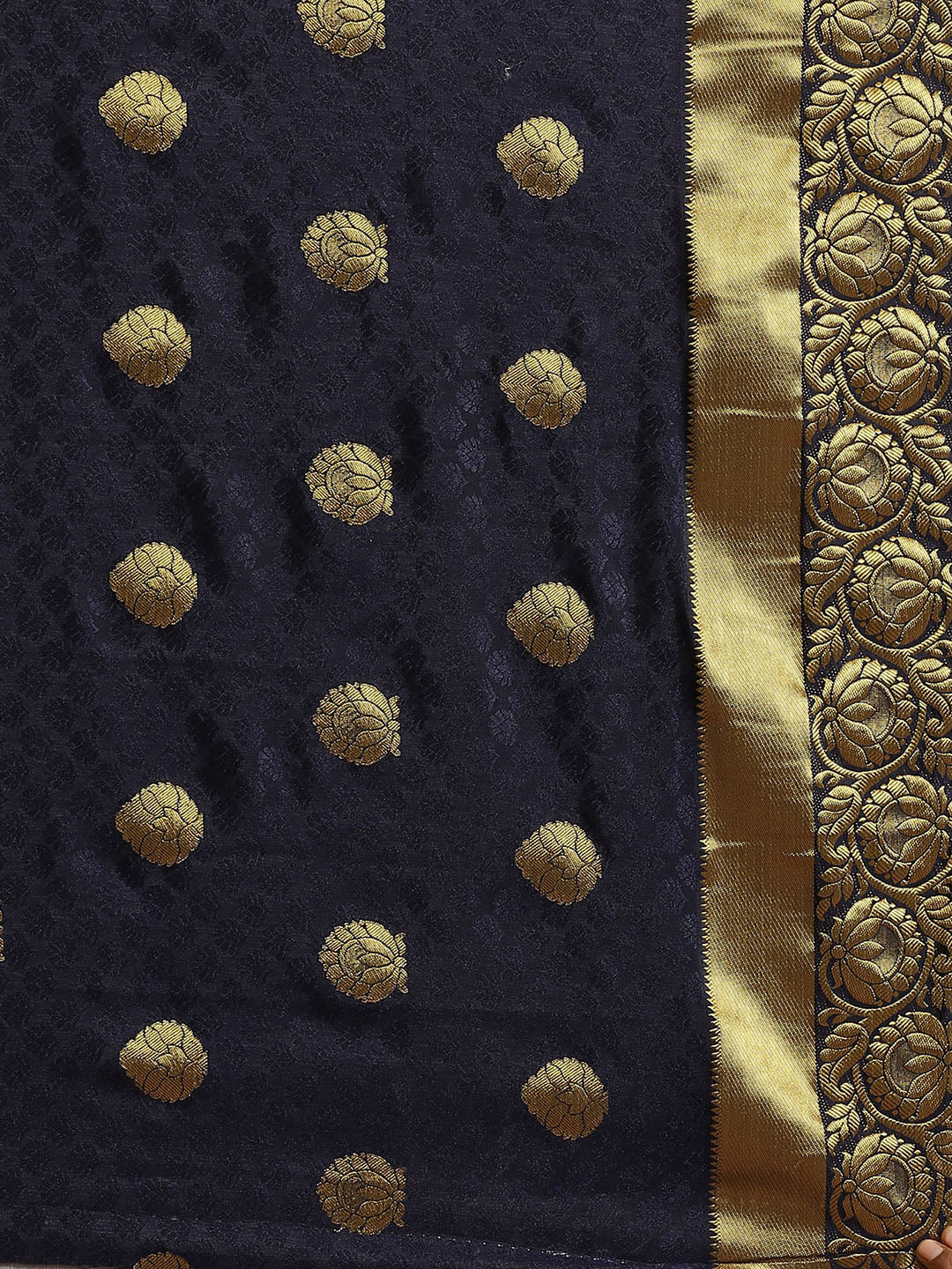 Navy Blue Kanjiwaram Satin Silk Saree with embossed saree and Zari floral motifs