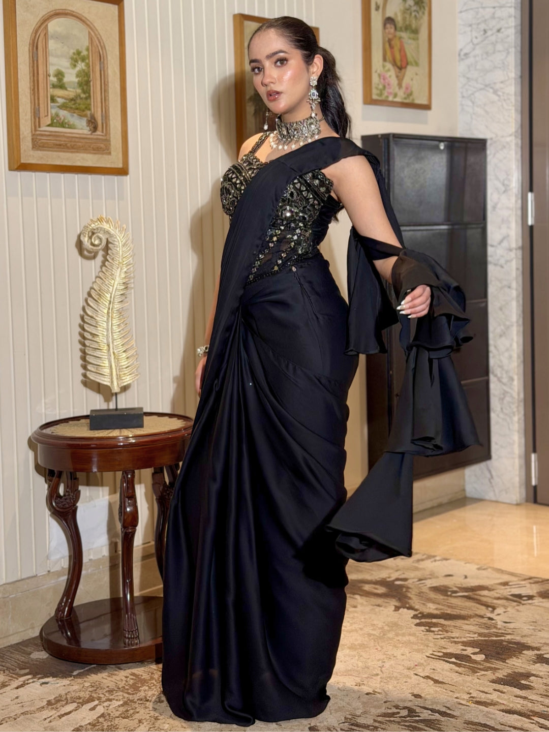 Corset Style Pre-stitched Draped Saree with Mirror Embroidered Luxe Mughal Motifs