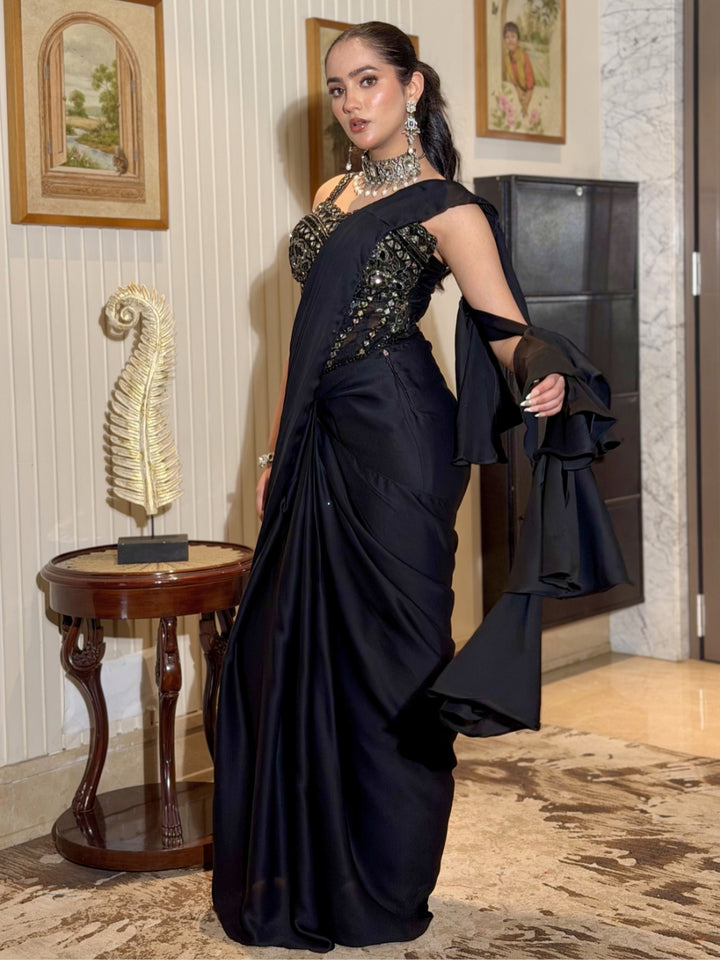 Corset Style Pre-stitched Draped Saree with Mirror Embroidered Luxe Mughal Motifs