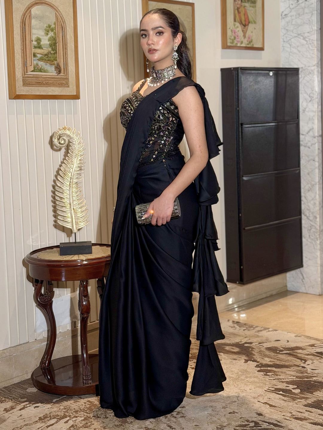 Corset Style Pre-stitched Draped Saree with Mirror Embroidered Luxe Mughal Motifs