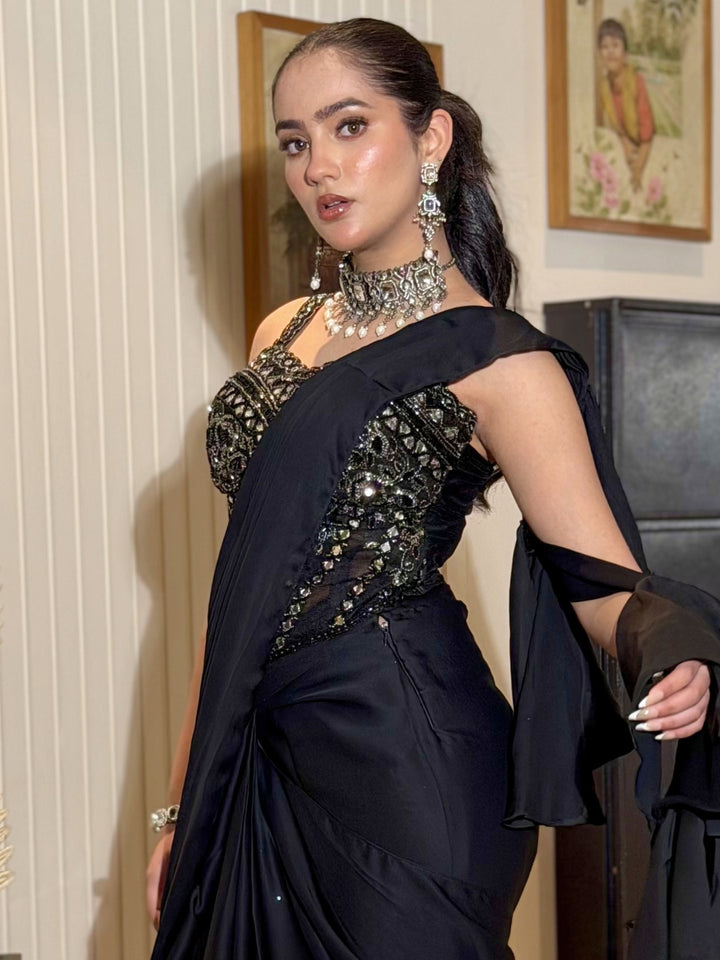 Corset Style Pre-stitched Draped Saree with Mirror Embroidered Luxe Mughal Motifs