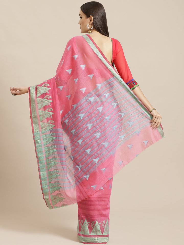 Pink Chanderi Silk Kota Saree with intricate Resham Zari Weaving in a Striped Pattern