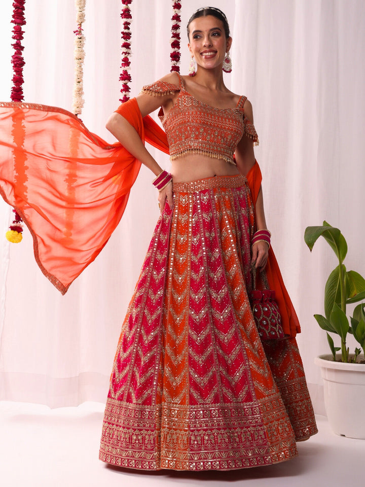 Chhabra 555 Kaildar Two-tone Lehenga Set with Resham Embroidery Tassled Choli & Cold Shoulder Sleeve