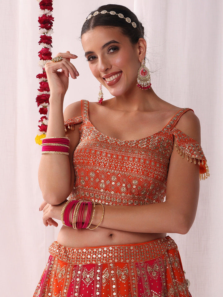 Chhabra 555 Kaildar Two-tone Lehenga Set with Resham Embroidery Tassled Choli & Cold Shoulder Sleeve