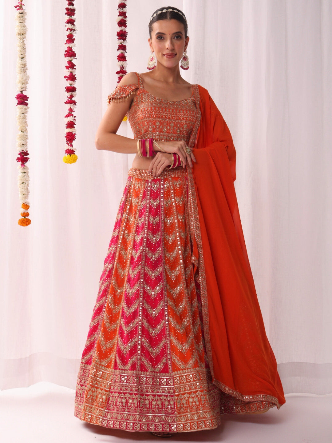Chhabra 555 Kaildar Two-tone Lehenga Set with Resham Embroidery Tassled Choli & Cold Shoulder Sleeve