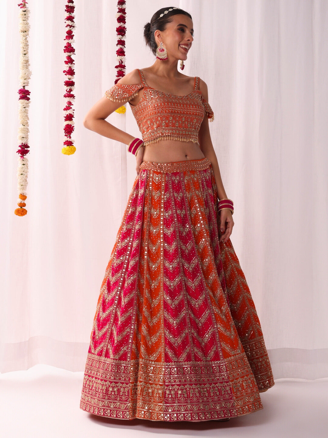 Chhabra 555 Kaildar Two-tone Lehenga Set with Resham Embroidery Tassled Choli & Cold Shoulder Sleeve