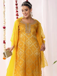 Chhabra 555 Aari Embroidery Gharchola Woven Kurta Set with Bandhani Print & Scalloped Organza Dupatta