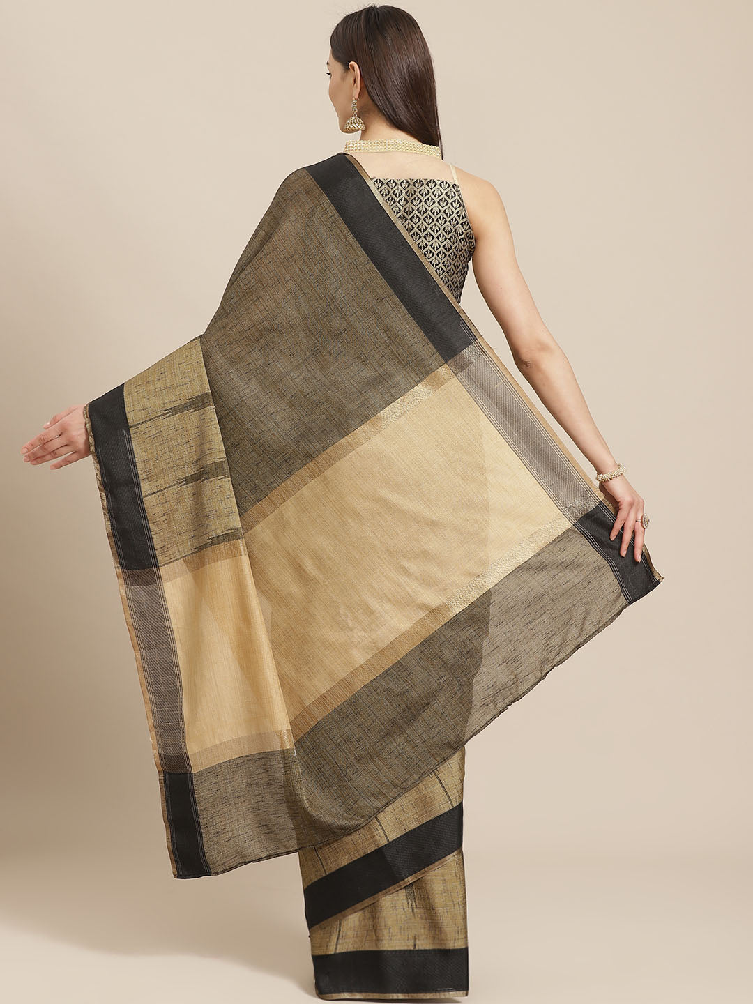 Jute Silk Resham Self embossed Saree with Kanjivaram Temple Pattern & Contrast Border