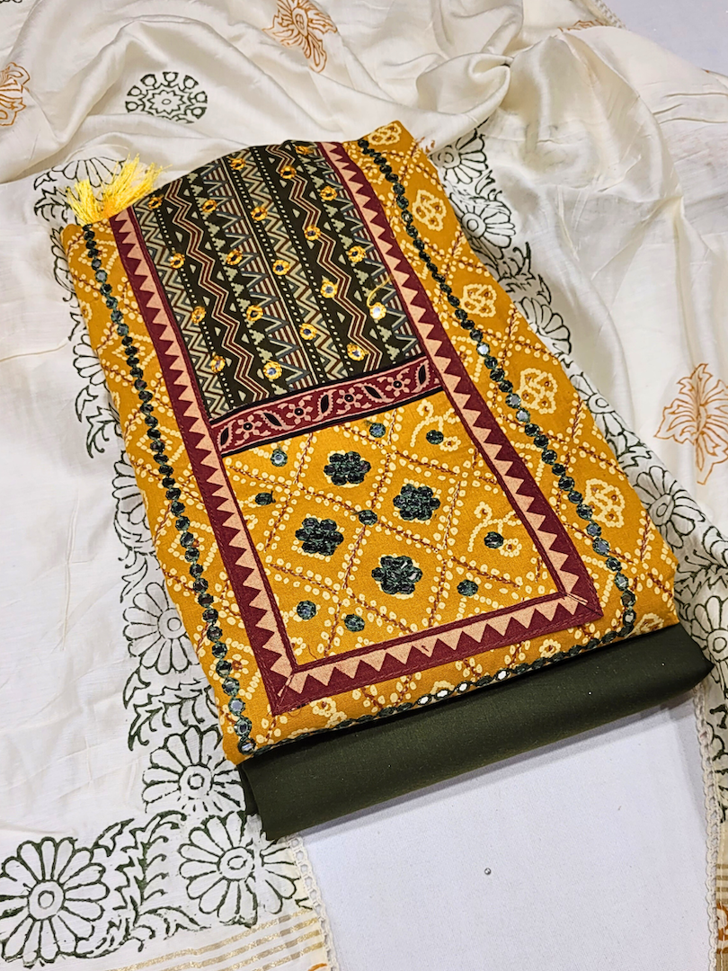 Chhabra 555 Bandhani Mirror Work Suit with Ajrak Block Print Dupatta & Resham Embroidered Flowers