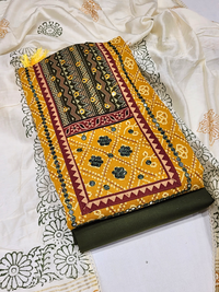 Chhabra 555 Bandhani Mirror Work Suit with Ajrak Block Print Dupatta & Resham Embroidered Flowers