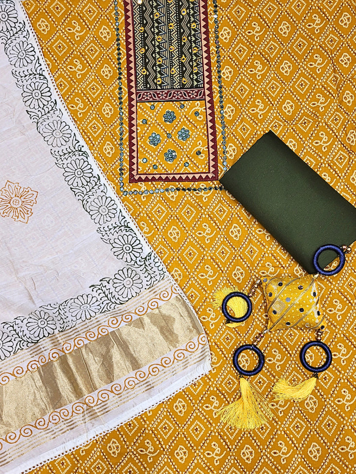 Bandhani Mirror Work Suit with Ajrak Block Print Dupatta & Resham Embroidered Flowers