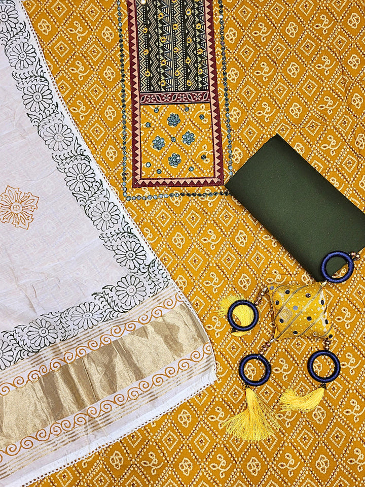 Bandhani Mirror Work Suit with Ajrak Block Print Dupatta & Resham Embroidered Flowers