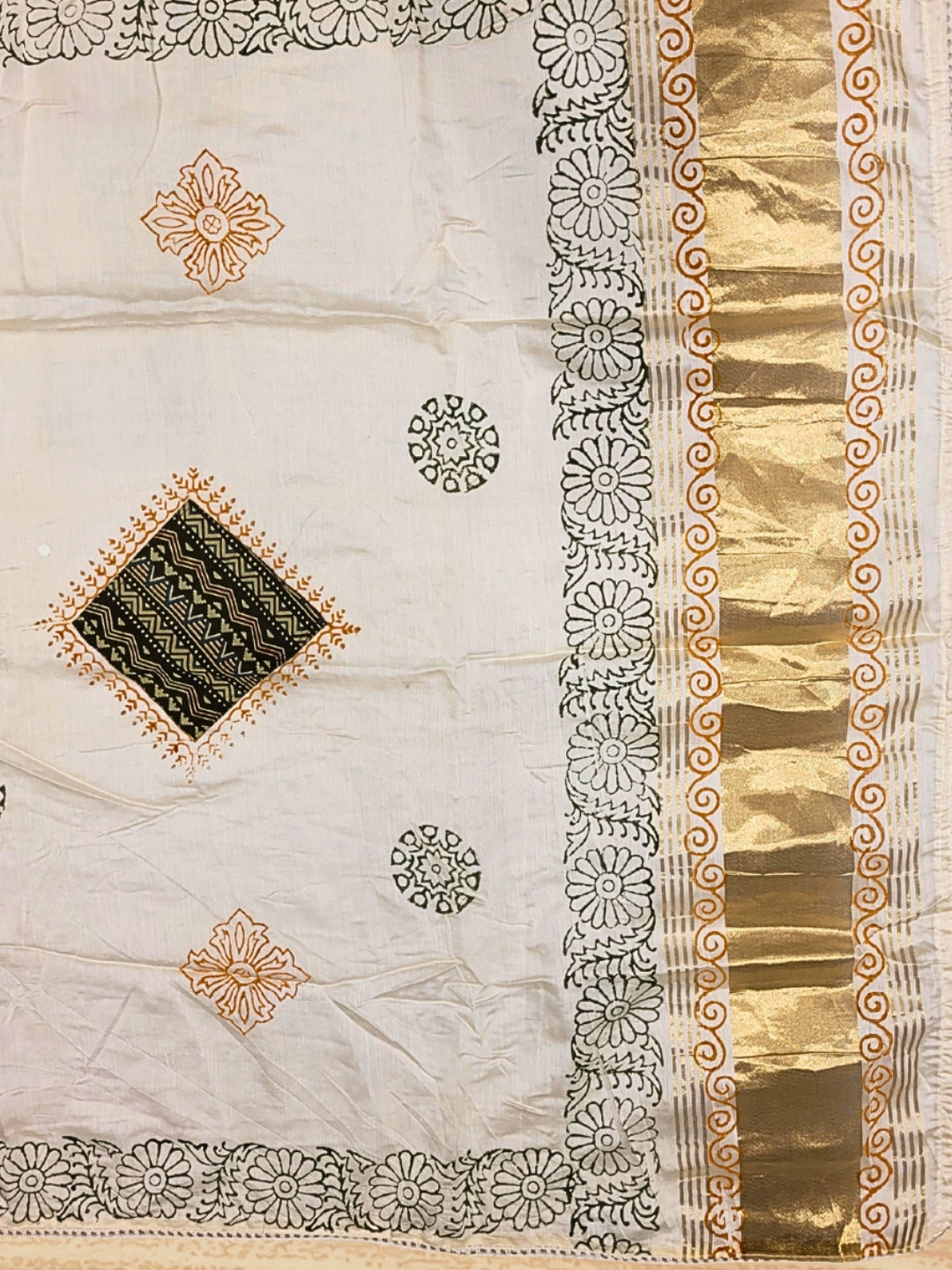 Bandhani Mirror Work Suit with Ajrak Block Print Dupatta & Resham Embroidered Flowers