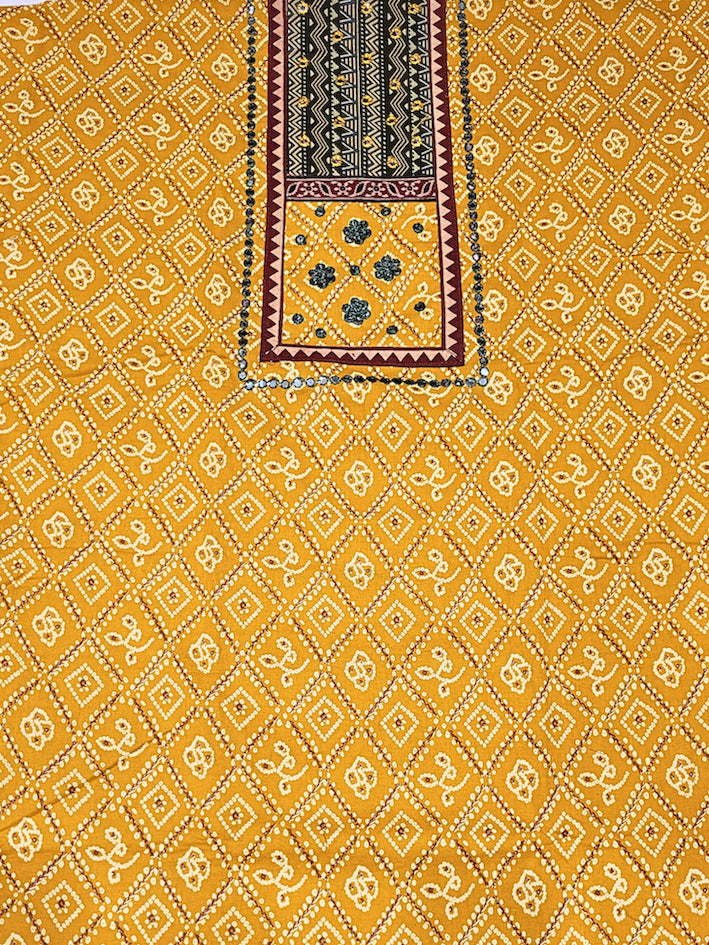 Bandhani Mirror Work Suit with Ajrak Block Print Dupatta & Resham Embroidered Flowers