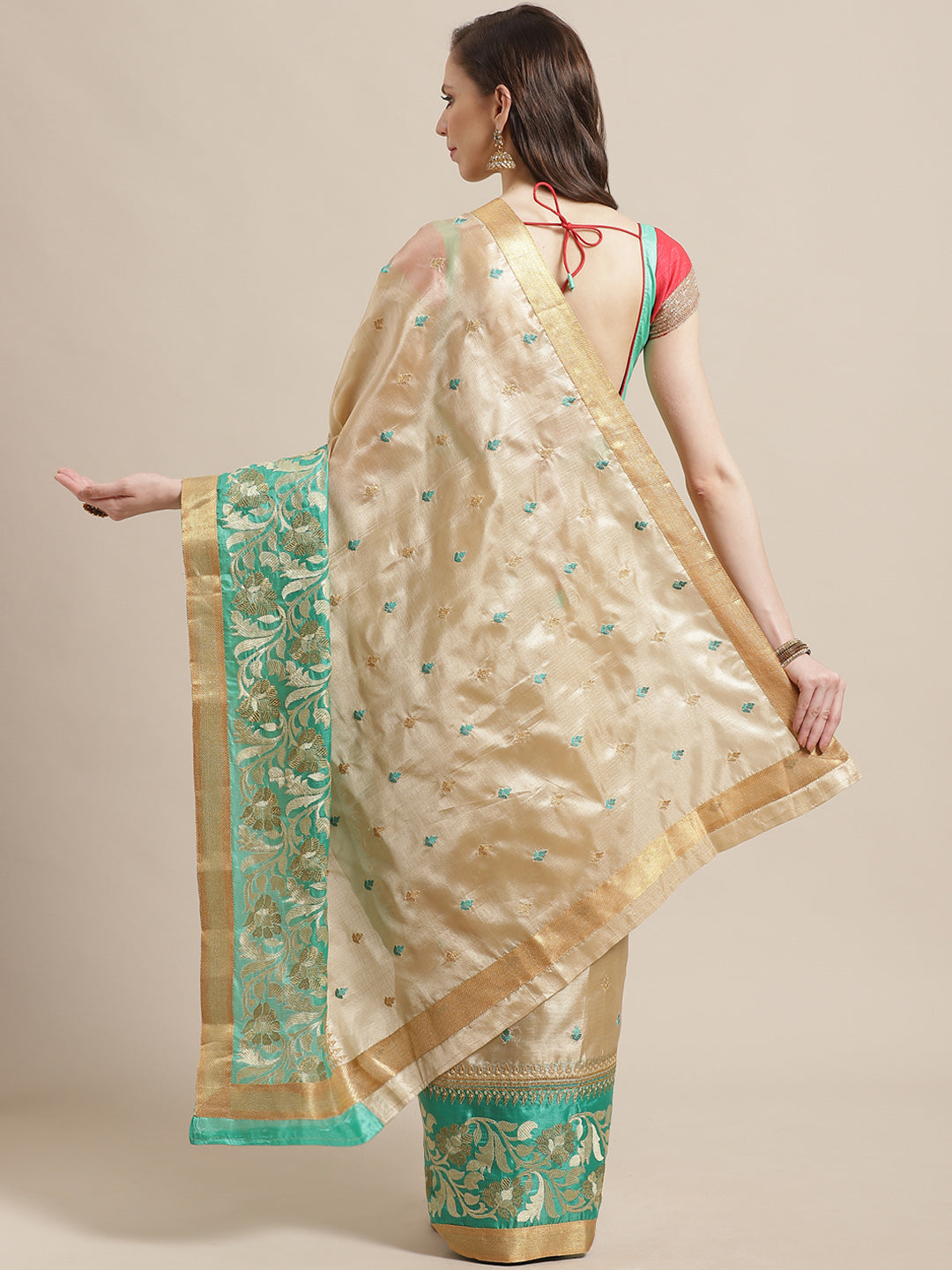Tussar Handloom Banarasi Saree with Contrast Border & Resham Floral Embroidery