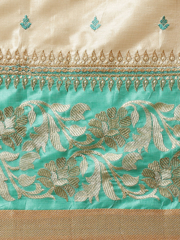 Tussar Handloom Banarasi Saree with Contrast Border & Resham Floral Embroidery