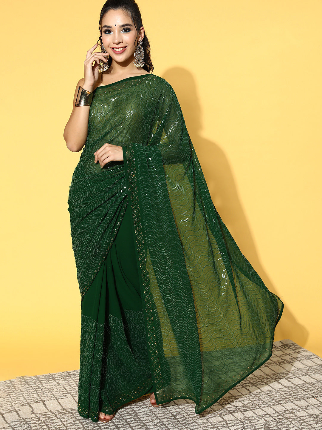 Deep Green Sequence Embroidery Leheriya Georgette Saree