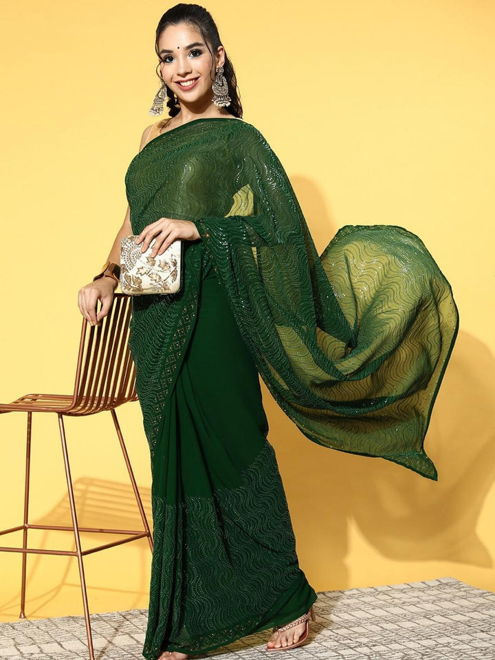 Deep Green Sequence Embroidery Leheriya Georgette Saree