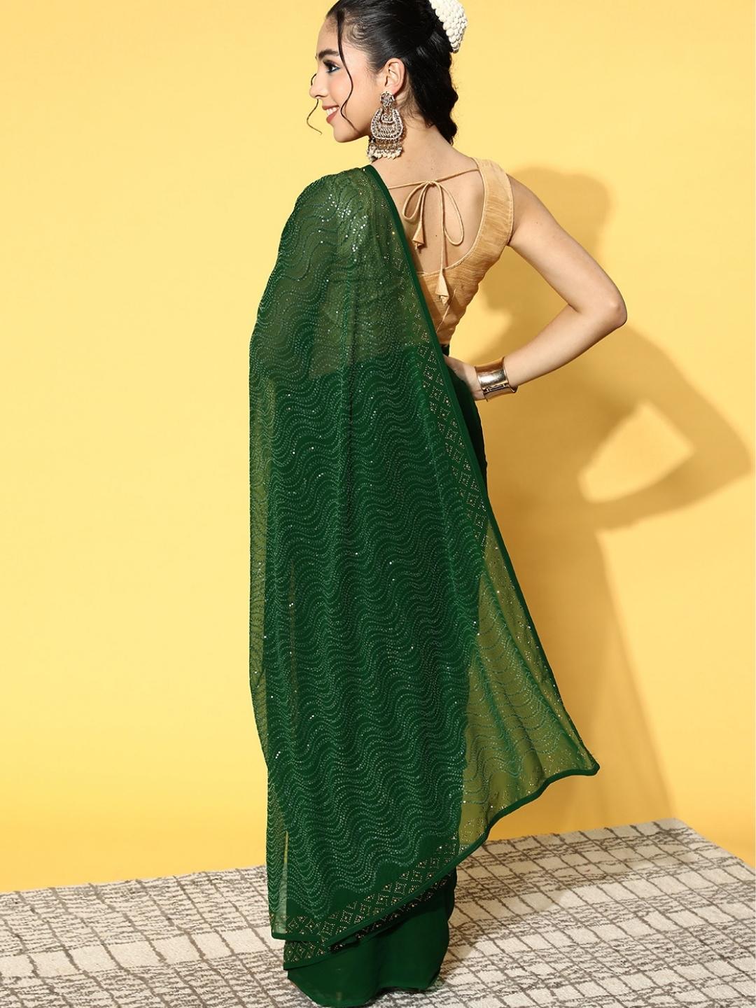 Deep Green Sequence Embroidery Leheriya Georgette Saree