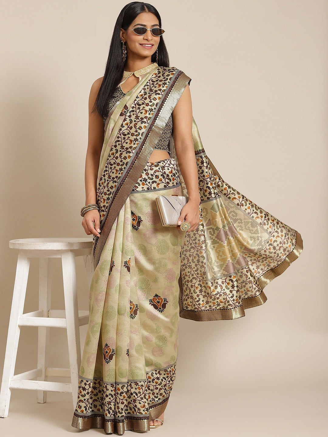Beige Ethnic Paisley Digital Prints Bhagalpuri Silk Blend Saree