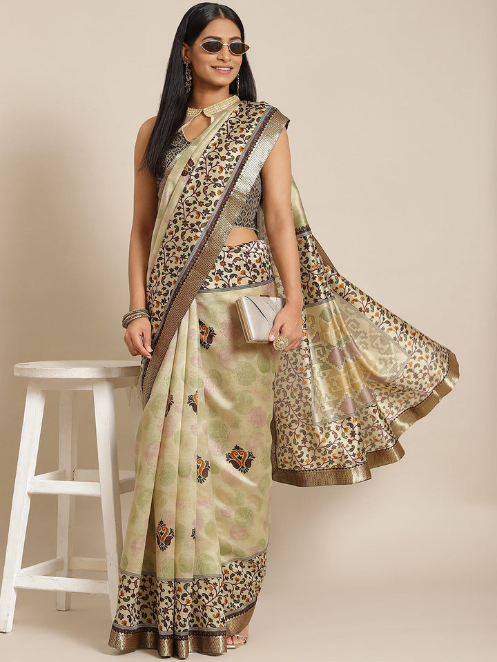 Beige Ethnic Paisley Digital Prints Bhagalpuri Silk Blend Saree
