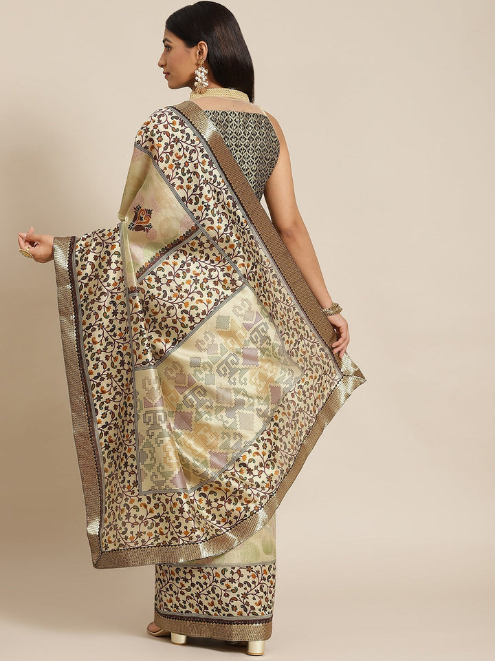 Beige Ethnic Paisley Digital Prints Bhagalpuri Silk Blend Saree