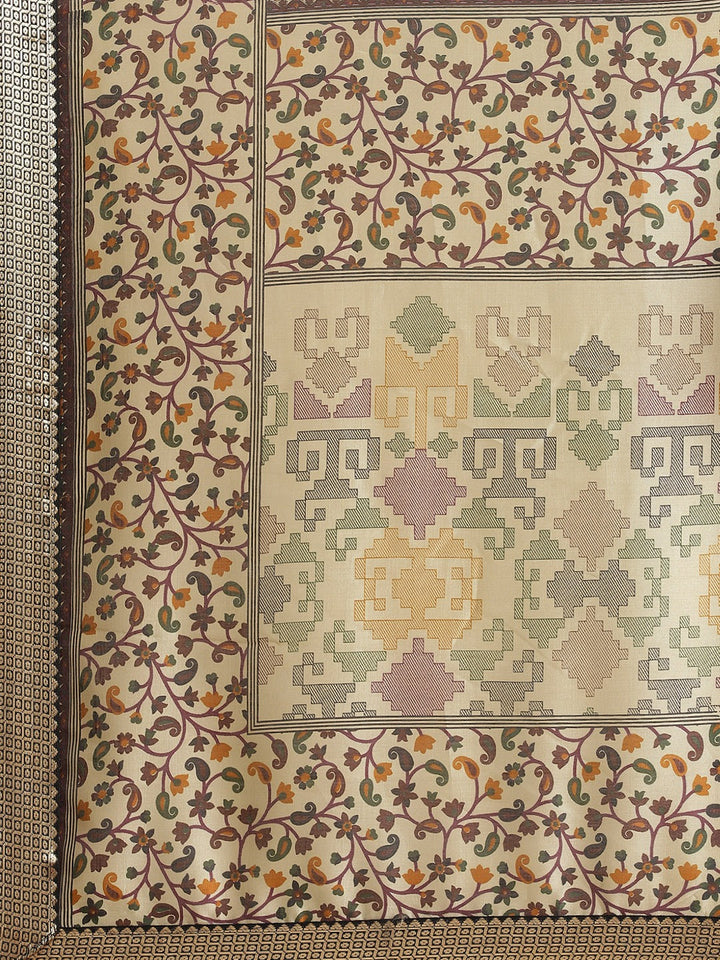 Beige Ethnic Paisley Digital Prints Bhagalpuri Silk Blend Saree